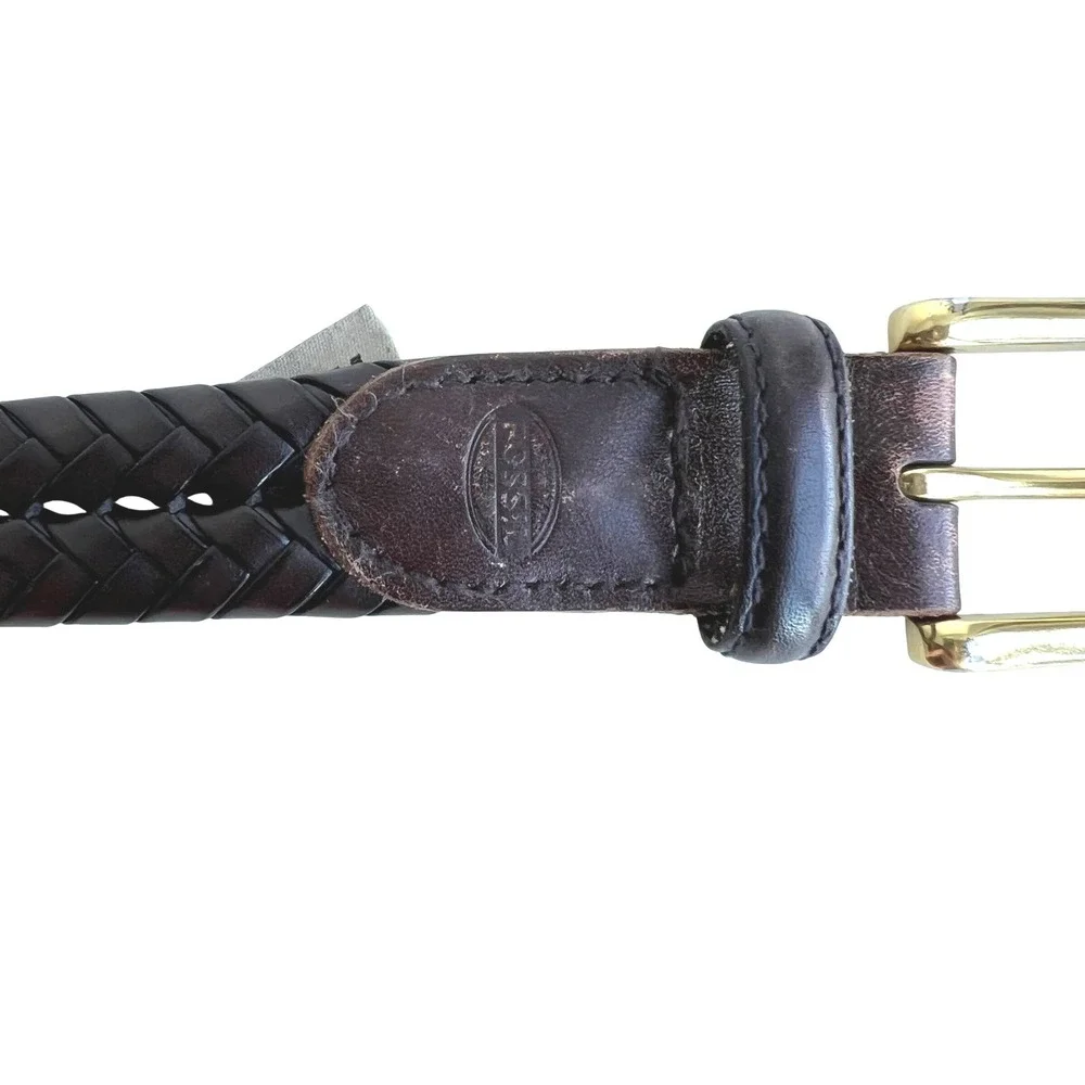 Fossil Braided Leather Belt Dark Brown Woven Gold Buckle Mens Size 38